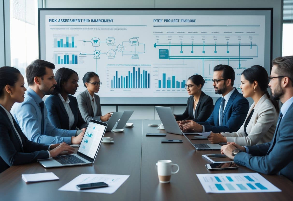 Business professionals collaborating around a conference table with laptops and documents, discussing project plans and strategies in an office.