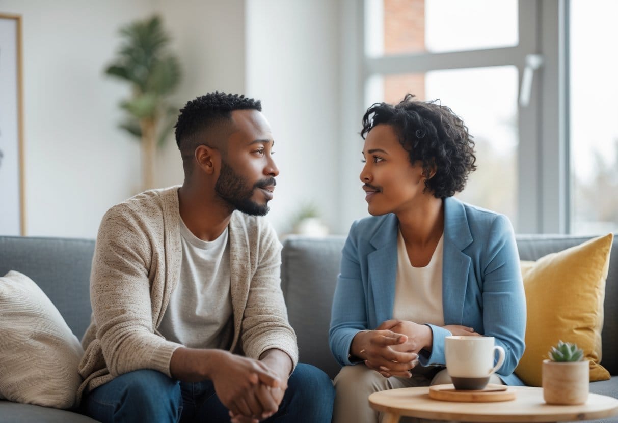 Two adults sitting closely and talking in a cozy room, showing empathy and attentive listening.