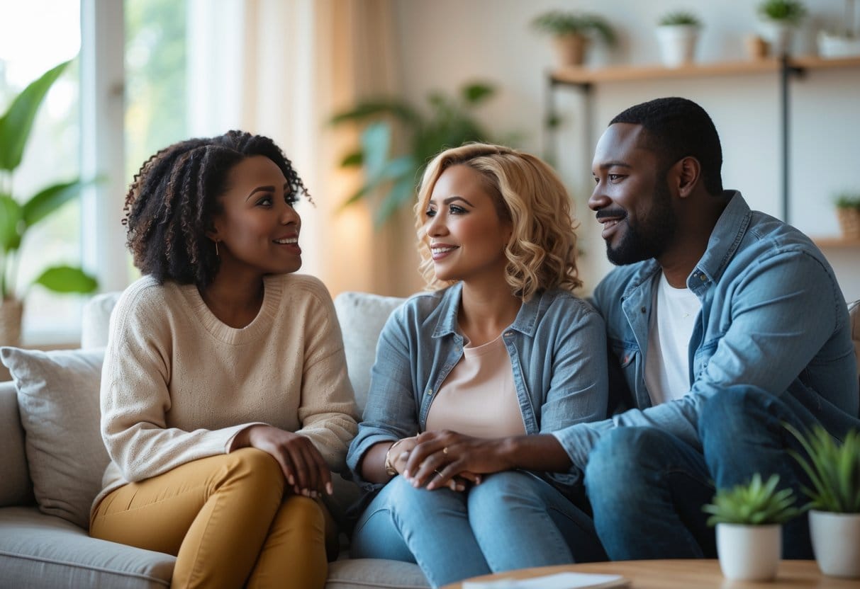 Three adults sitting closely on a sofa, engaged in a warm and attentive conversation in a cozy living room.