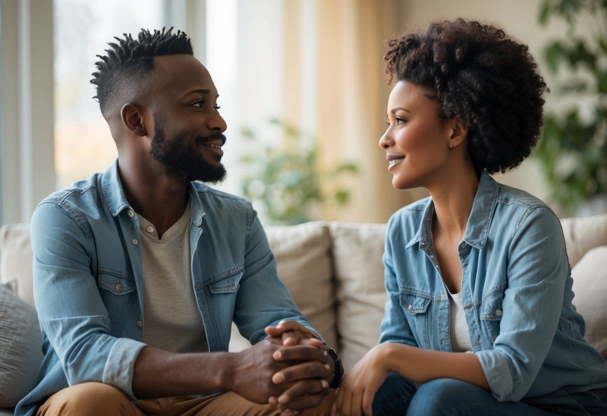 Two adults having a sincere and open conversation in a cozy living room.