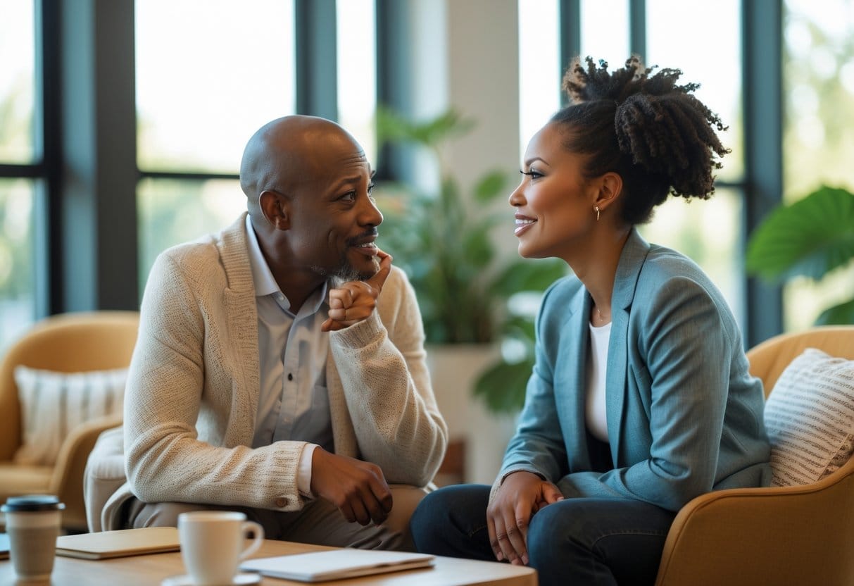 Two adults having a sincere and supportive conversation in a bright, comfortable office space.