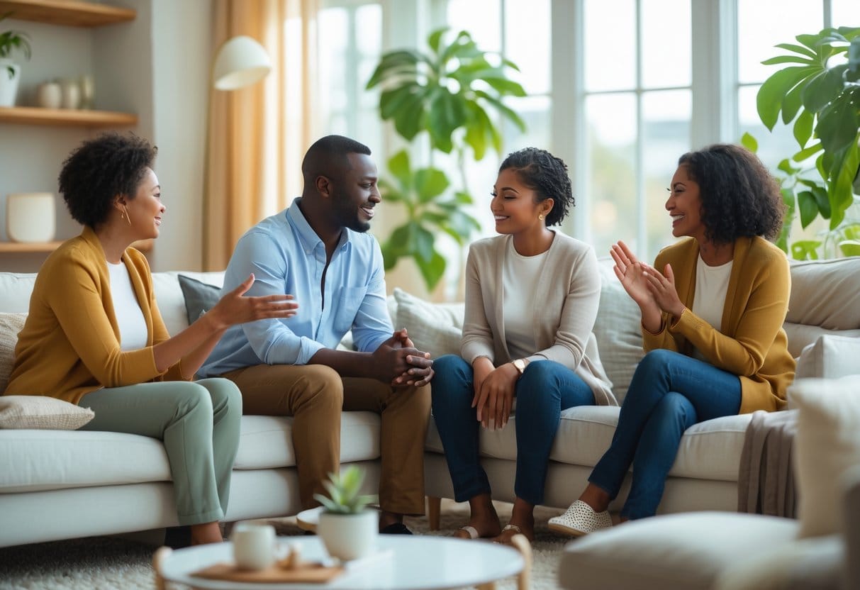 Four adults sitting together in a cozy living room, engaged in a warm and open conversation.