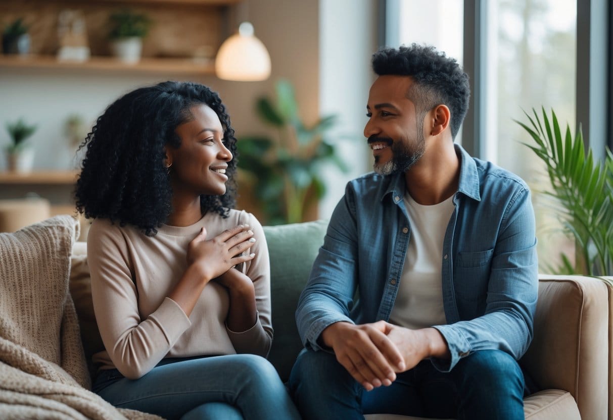 Two adults sitting closely in a living room, sharing an open and supportive conversation with warm expressions.