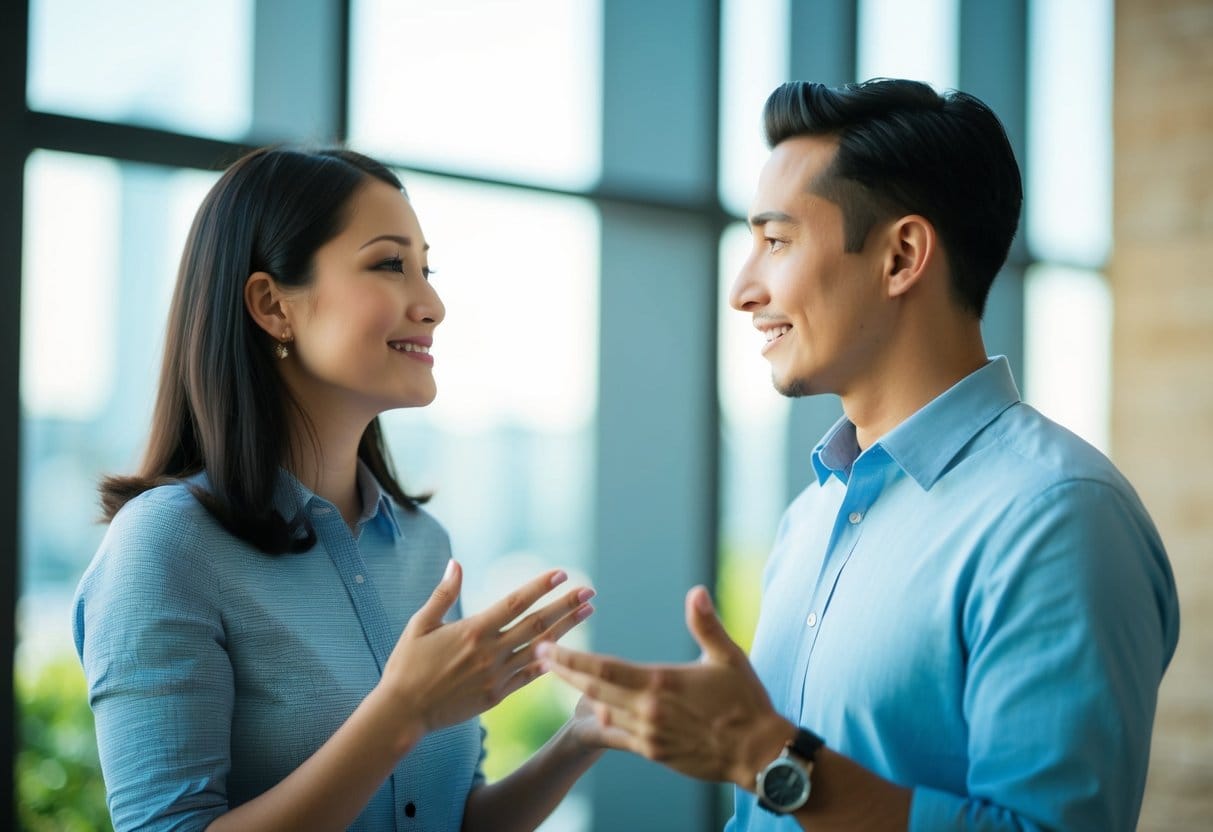 Two figures facing each other, gesturing and speaking calmly. A peaceful atmosphere with open body language and attentive expressions