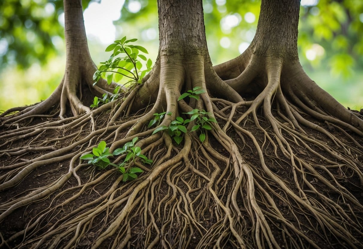 A tangled web of roots intertwining and clashing, with new growth emerging from the conflict