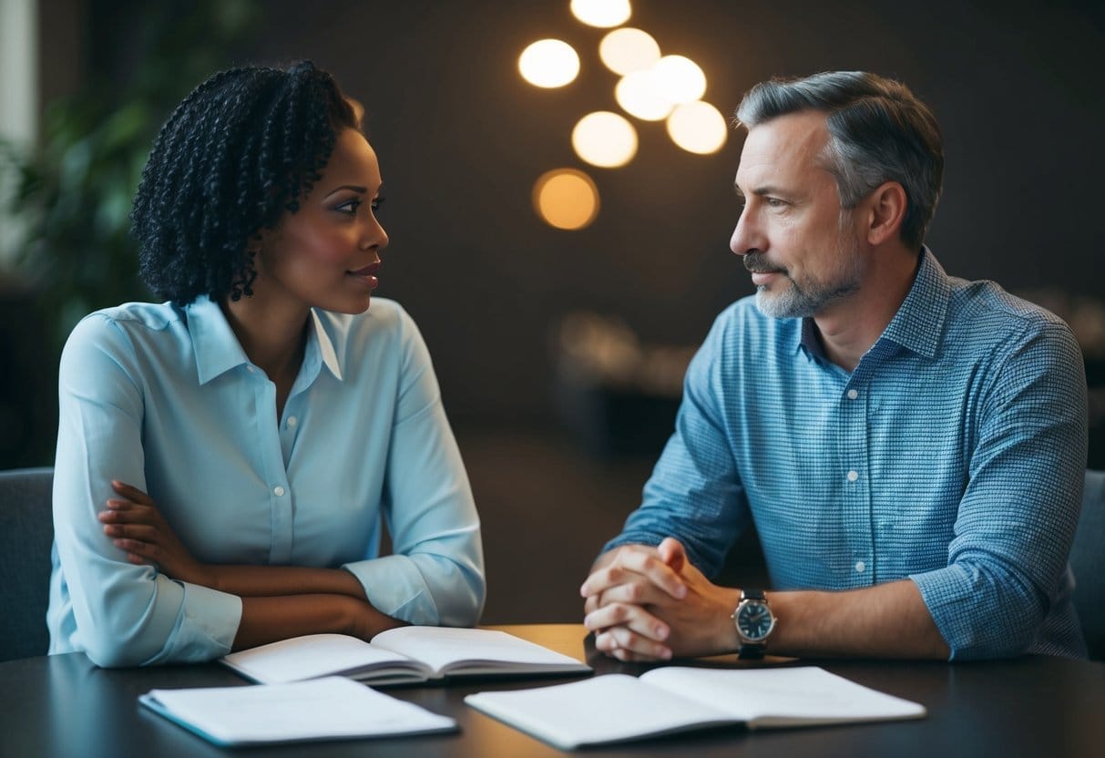 Two figures sit across from each other, engaged in deep conversation. Their body language is open and empathetic, as they work through a conflict with understanding and emotional intelligence