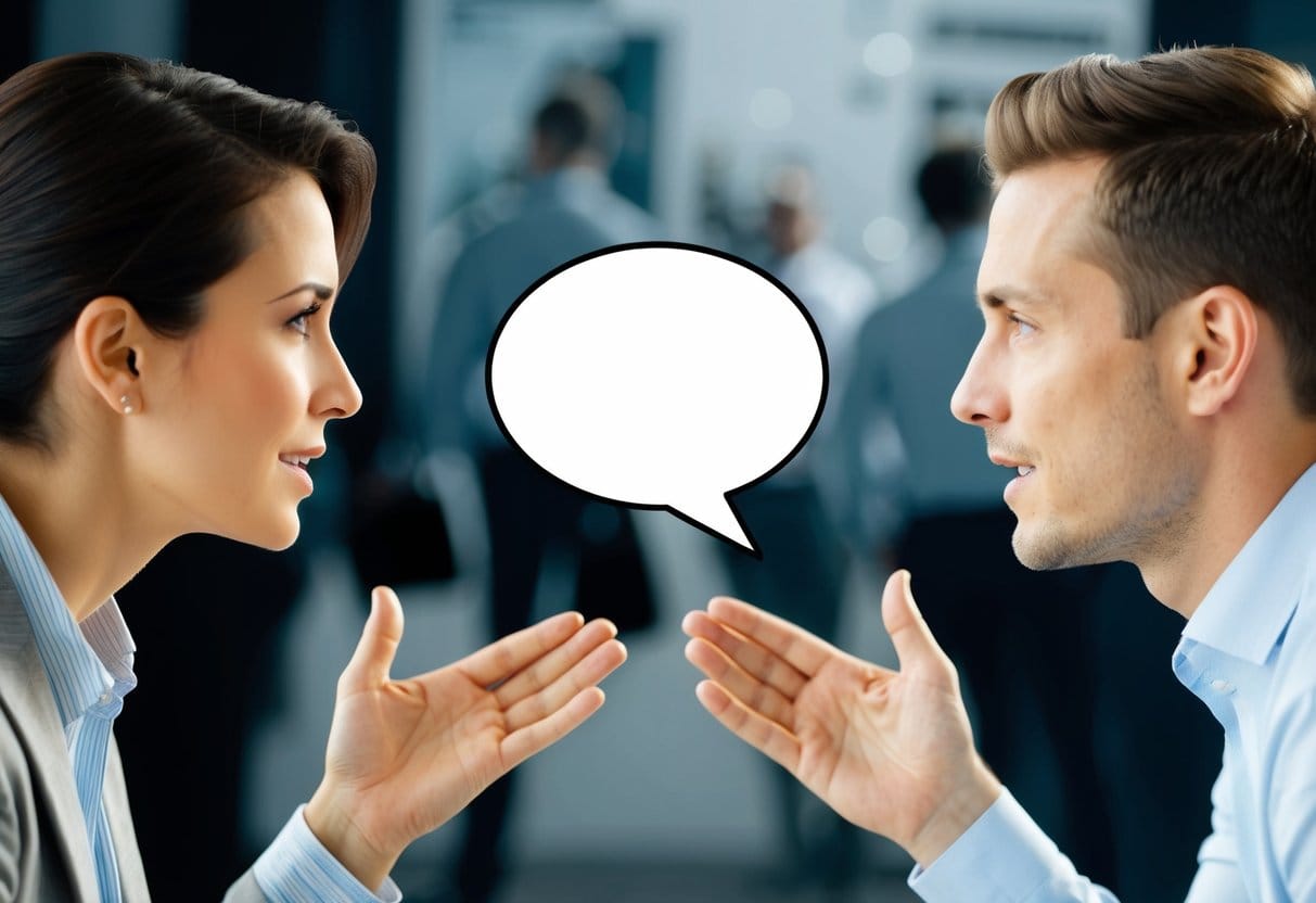 Two people facing each other, gesturing and speaking with open body language. A speech bubble indicates dialogue. Background shows signs of conflict