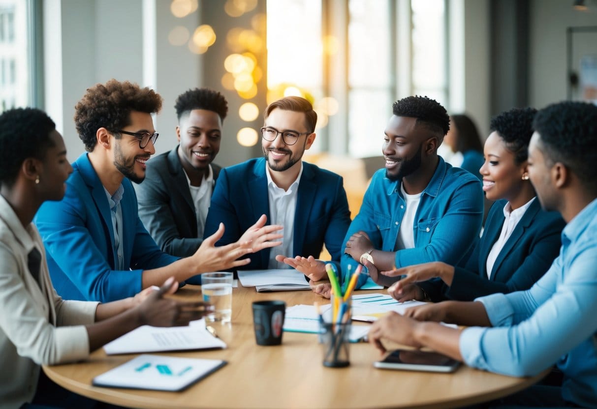 A group of diverse individuals sit around a table, engaged in a lively discussion. They are gesturing and sharing ideas, working together to solve a problem